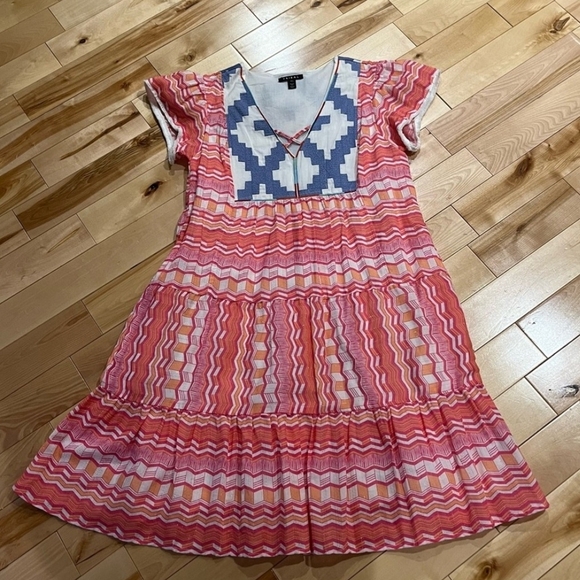 Tribal - Pink Tiered Sundress with Flutter Sleeves - Size Small - Picture 4 of 6